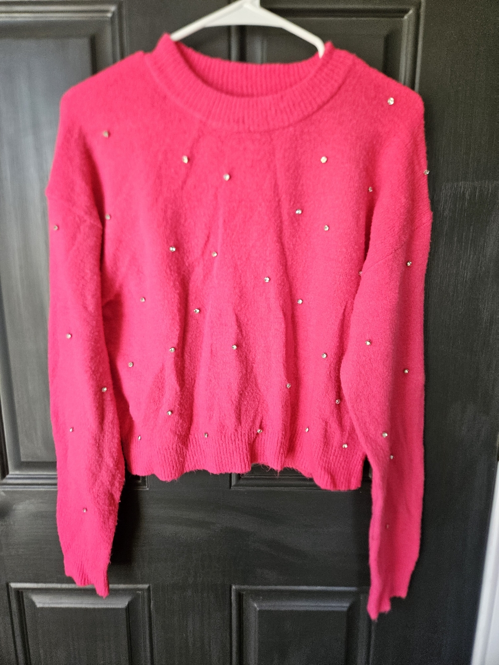 Hot Pink Rhinestone-Studded Crewneck Sweater